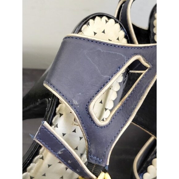Colcci Black & Navy Peep Toe Leather Heels with Gold Trim Size 7 - Picture 6 of 8